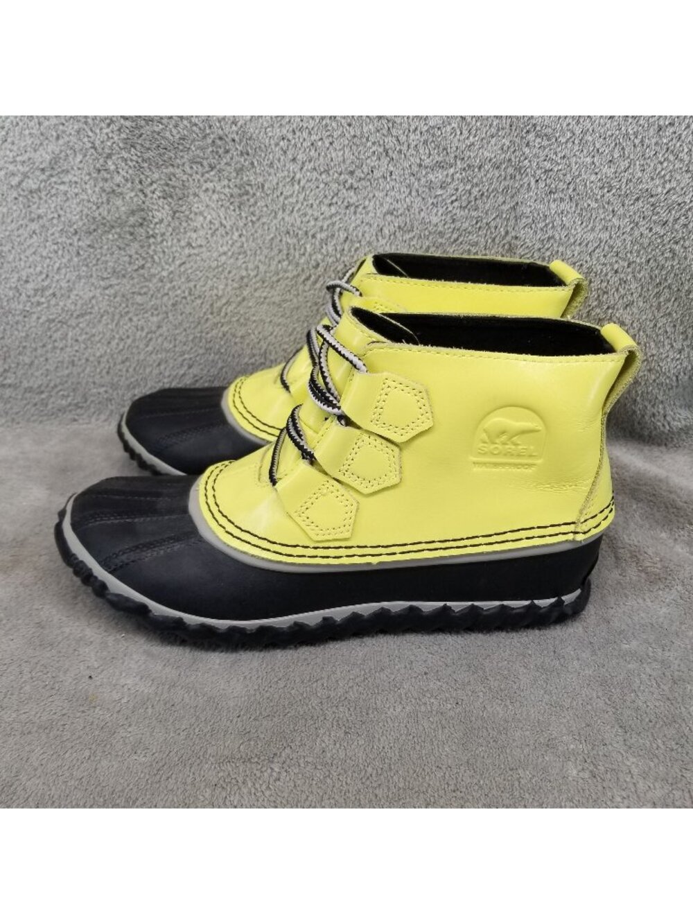 Sorel Shoes Womens Size 5.5 Out N About Yellow Leather Rubber Lace Up Rain Boots